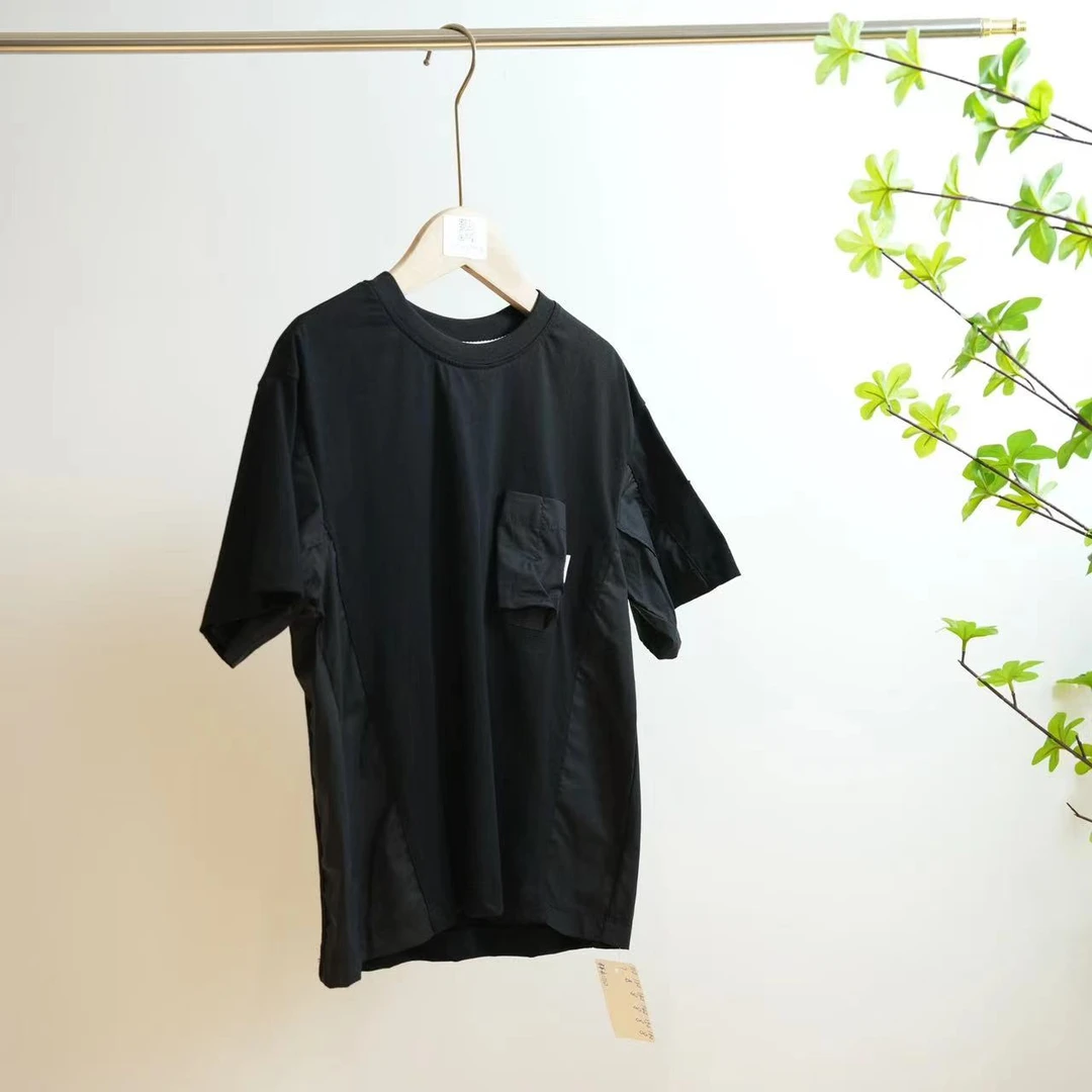 9549-J黑色拼接款个性口袋字母贴布绣儿童夏季休闲短袖T恤