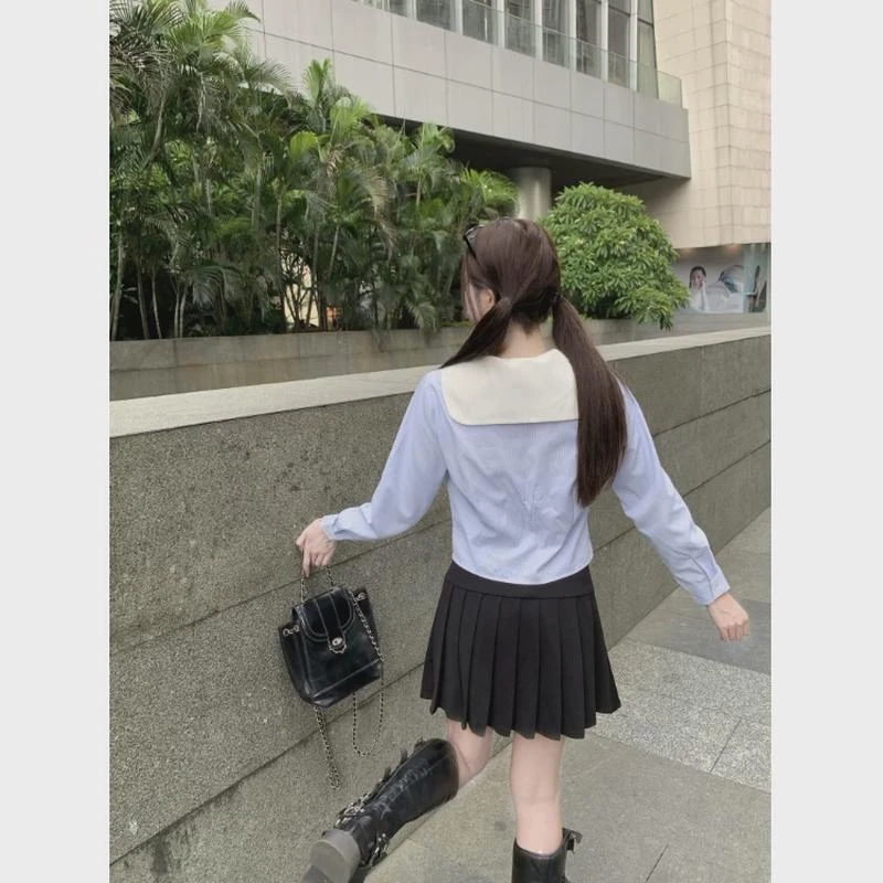 2021大码微胖mm长袖衬衫女秋季学院风百褶短裙高腰显瘦半身裙两件