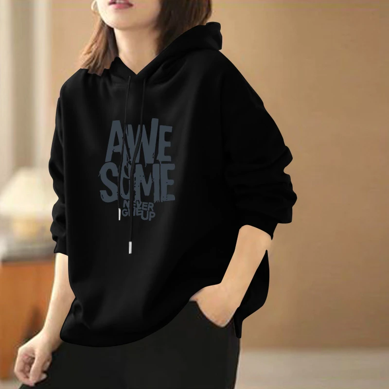 2025秋冬季新款连帽套头女士卫衣韩版加绒加厚中长款微胖纯色上衣