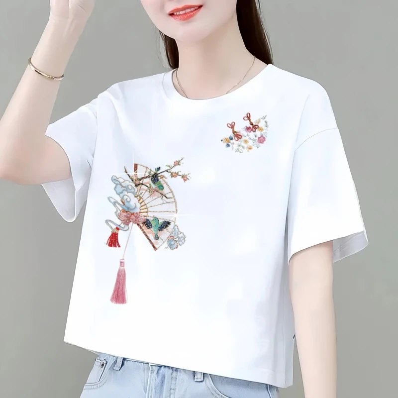 妈妈装100%纯棉短款T恤女国风民族风2024夏新款宽松显瘦时尚百搭