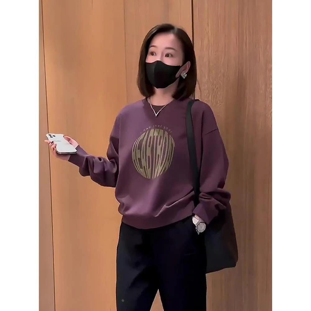 圆领卫衣女秋冬新款小个子宽松大码胖mm加绒上衣休闲洋气减龄外套
