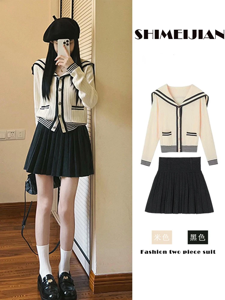 春季新款穿搭一整套学院风海军领针织毛衣搭配显瘦韩系短裙两件套