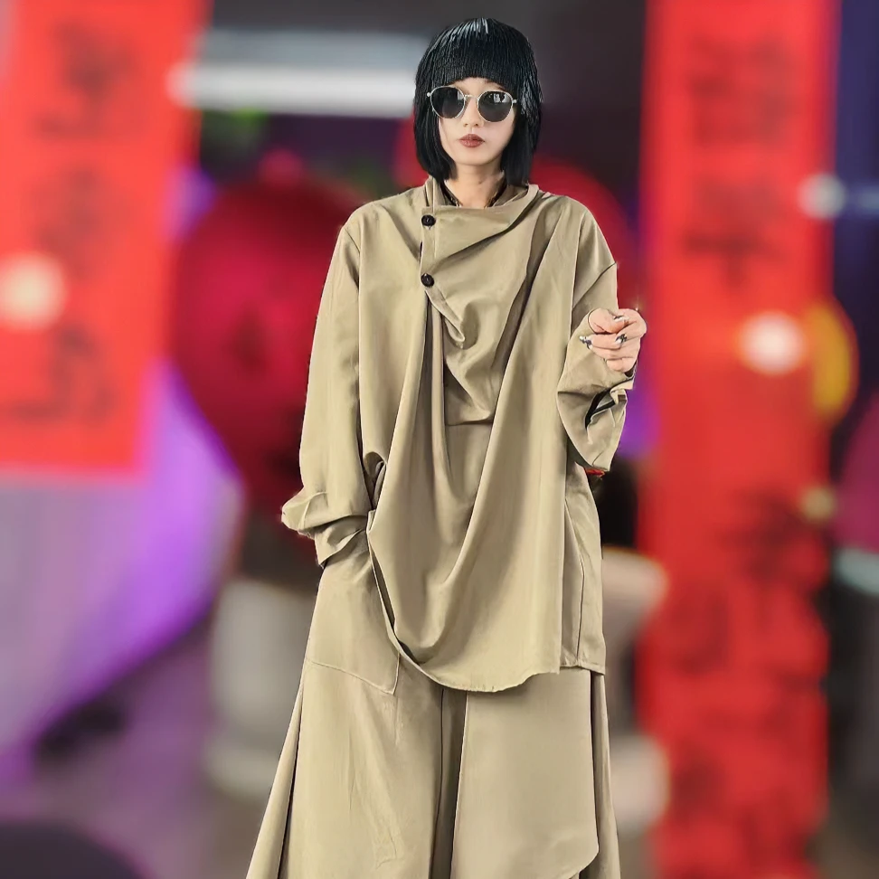 2024春裝新款個性蕩領上衣女高級感小衆不規則設計寬松百搭襯衫潮