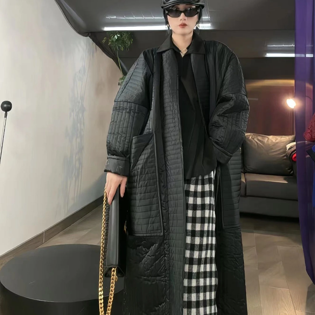 2023秋冬复古汉服领长款两面穿棉服女个性休闲时尚宽松黑色外套潮