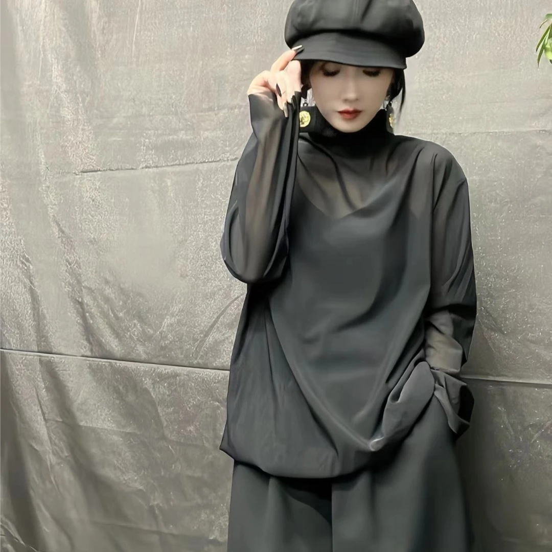 2023秋冬季高領打底衫女高级感简约宽松时尚百搭小衫个性显瘦上衣