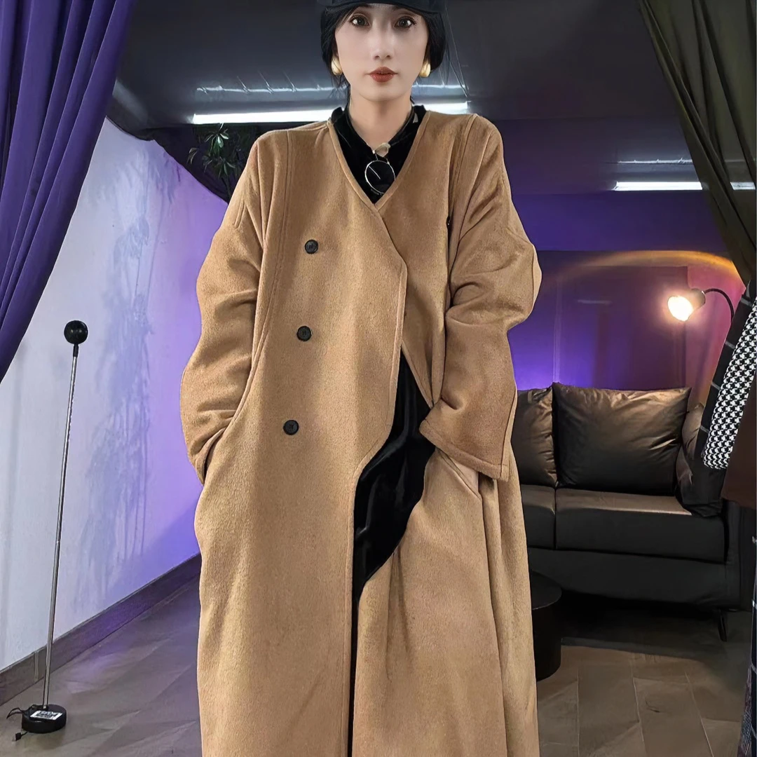 2023秋冬双排扣大衣女高级感小众设计不规则时尚百搭宽松复古外套