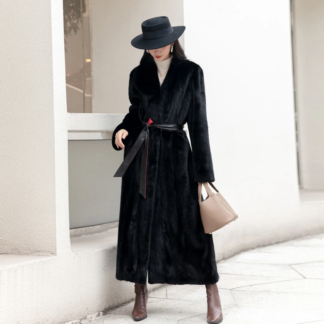 长款1.3米 暖腿显瘦 女皇貂皮大衣 进口整貂V领腰带水貂皮草外套