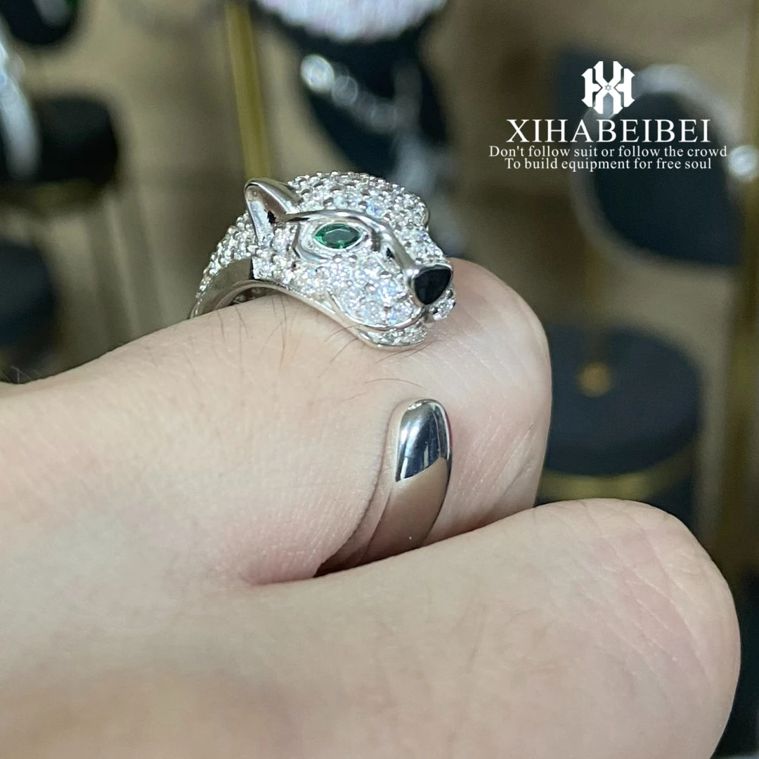 925银莫桑石戒指 满钻镶嵌时尚欧个性气质卡家豹子925莫桑银戒