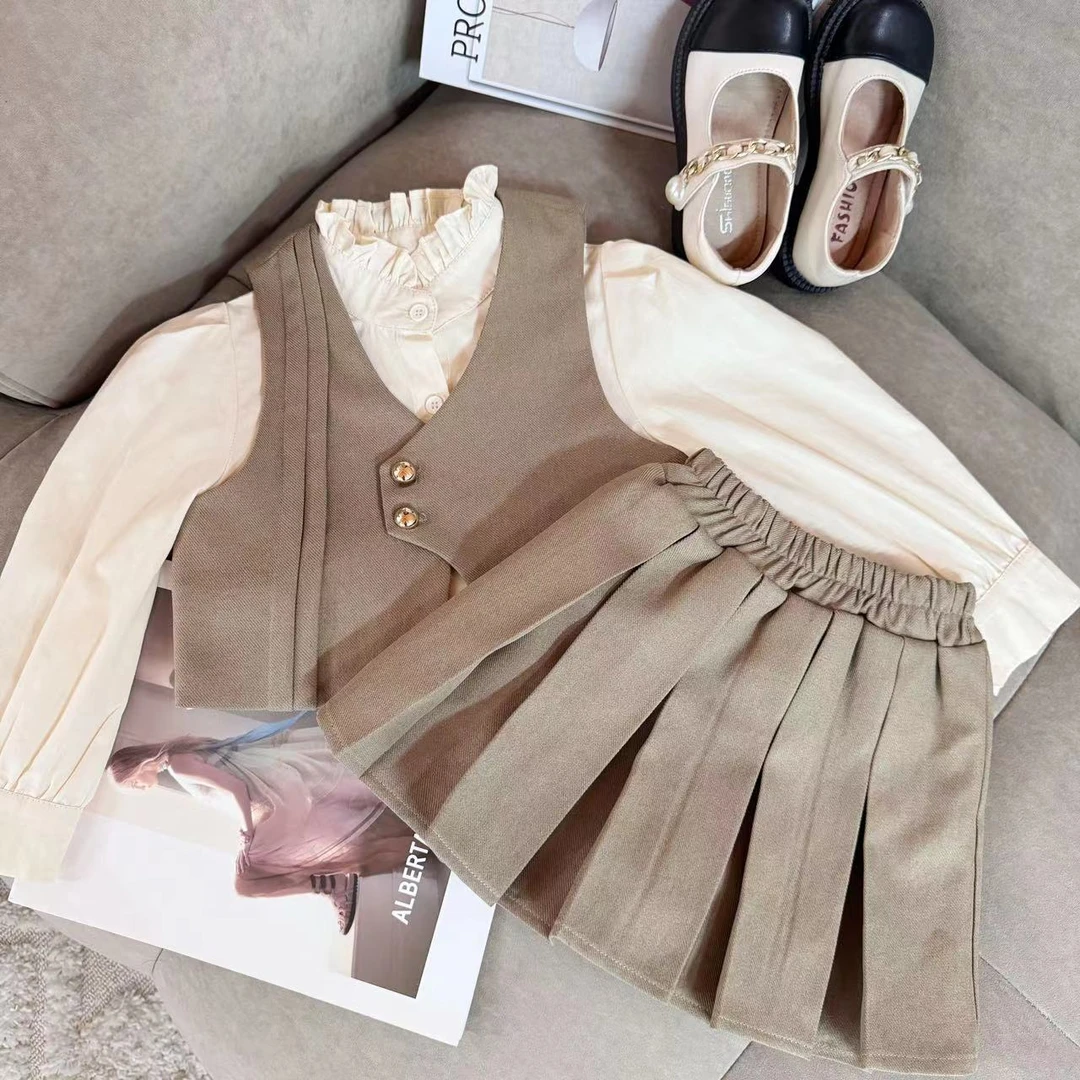 女童连衣裙秋装2025新款洋气儿童春秋款时髦小香风衬衫马甲套装裙