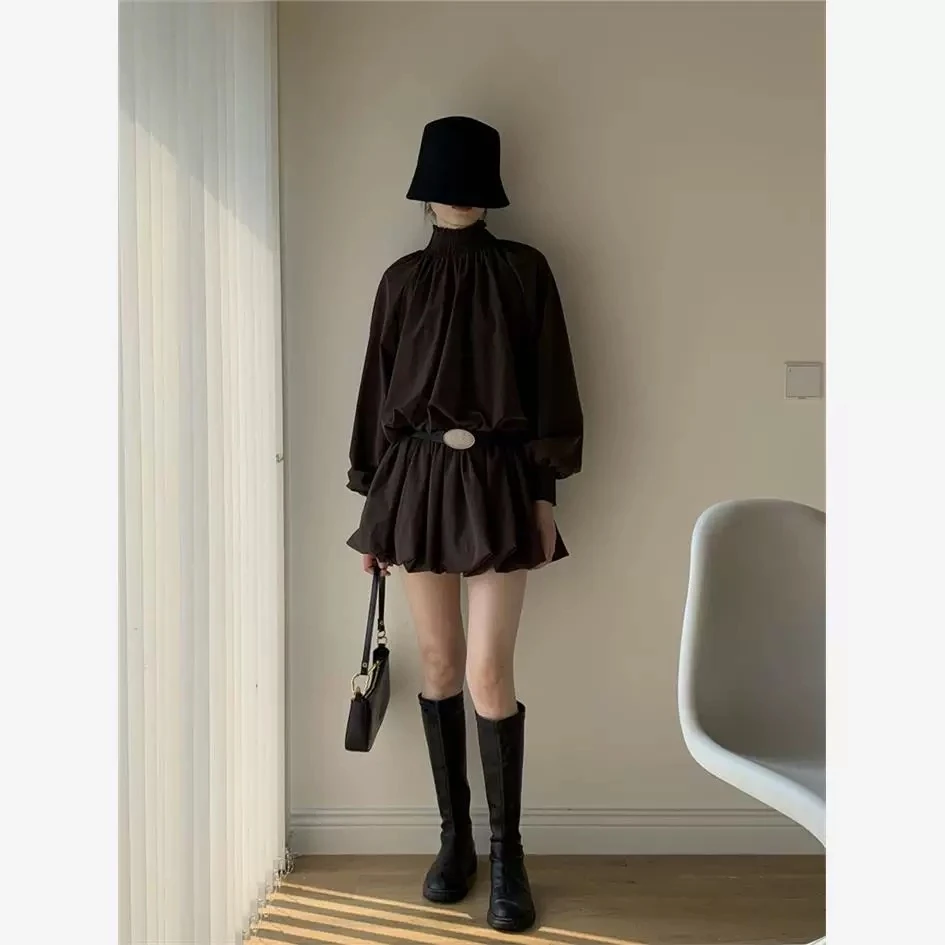 奥吻2024秋装新款韩式高级感高领褶皱长袖衬衫裙假两件a字短裙子