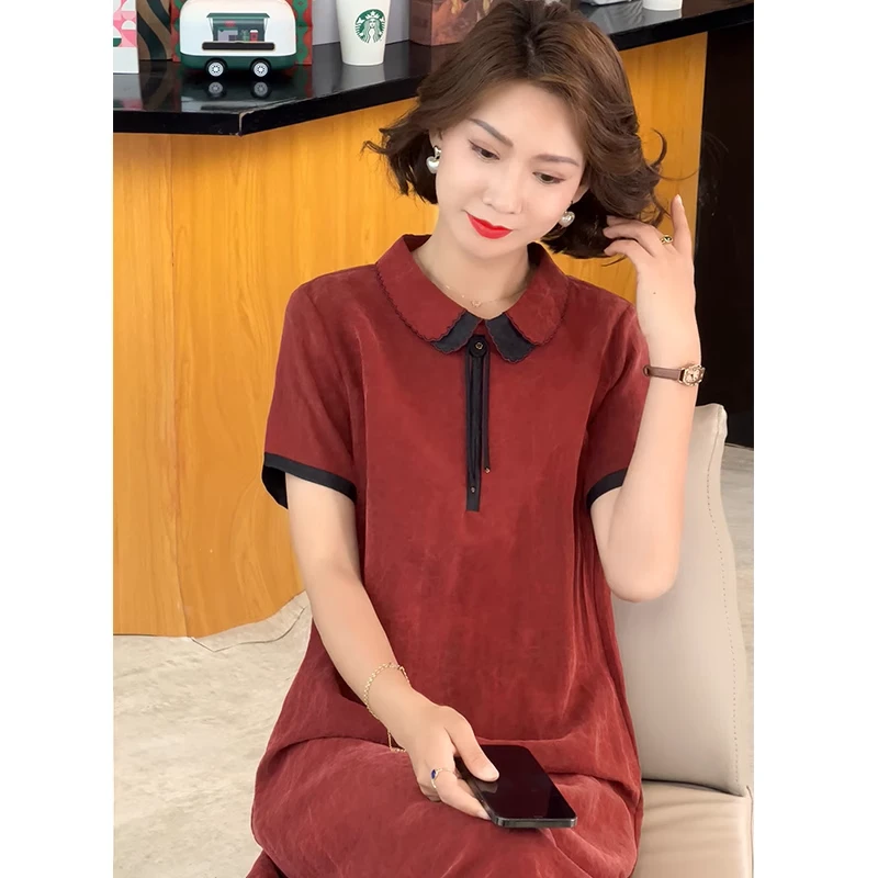 夏季新款2024妈妈香云纱桑蚕丝裙子杭州真丝连衣裙女复古中式纯色