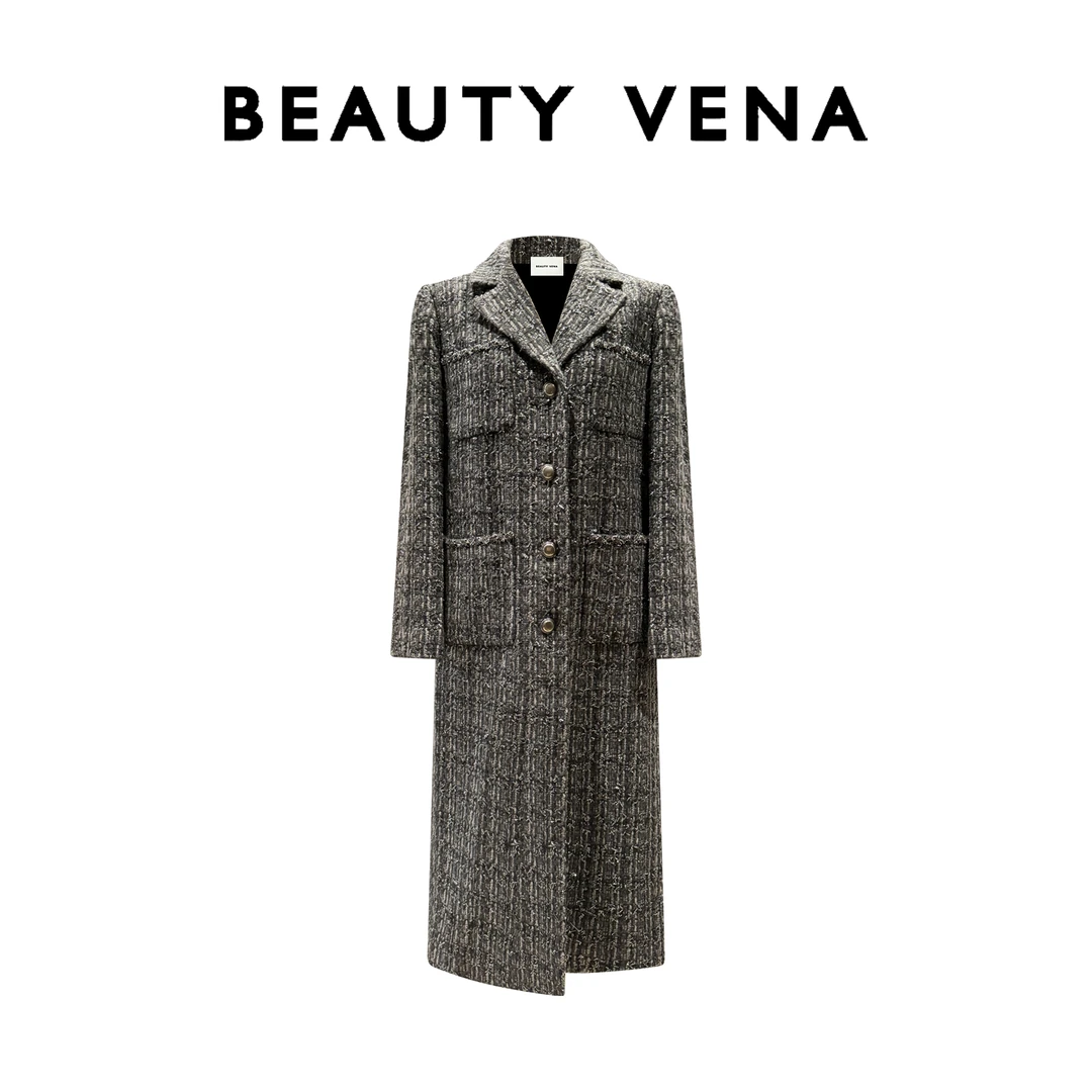 BEAUTY VENA【花式呢】金银线暗格纹长款小香风外套4WCMD014