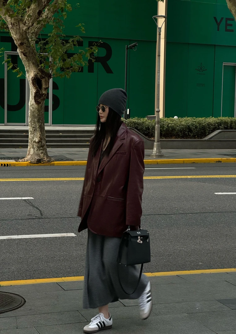 BEAUTY VENA安可拉红复古皮西装宽松皮衣外套4WZYS004