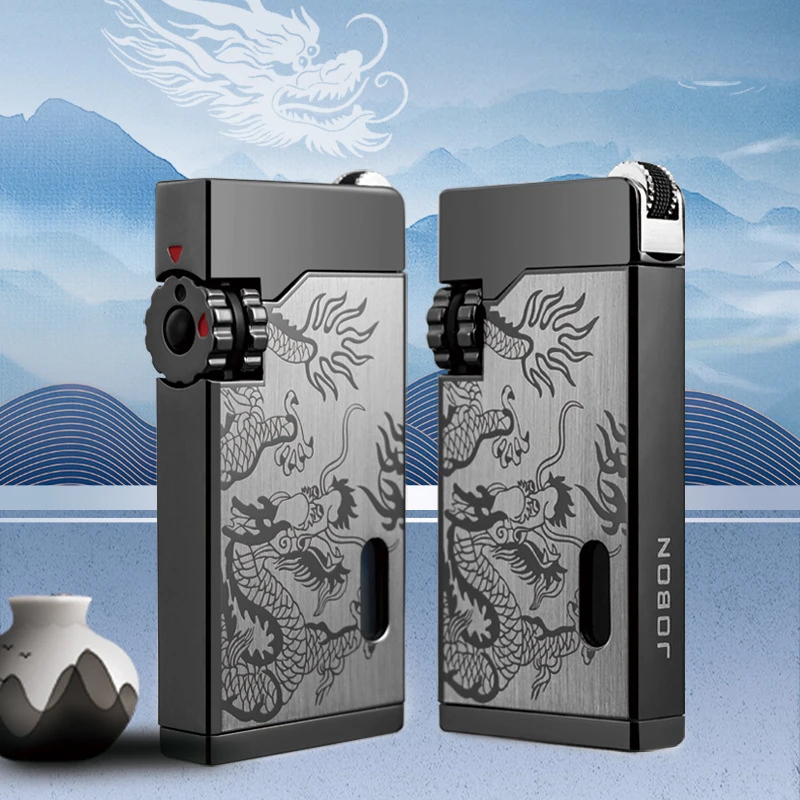 2024高品质新款龙图案创意蓝焰双直冲砂轮打火机送男士礼品