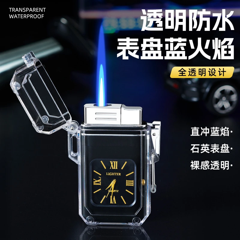 新款升级透明壳防水直冲打火机自带石英手表防风充气创意打火机