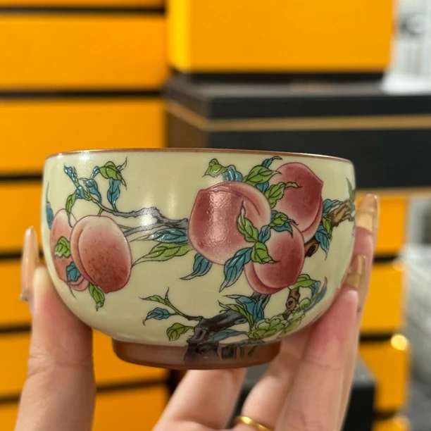 岑汝九桃禅定铜钱杯开片可养主人杯150毫升