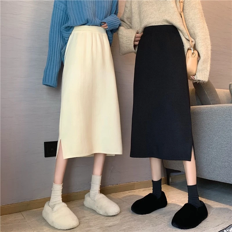 韩版设计感开叉秋冬新款时尚高腰显瘦纯色A字裙女装半身裙中长款