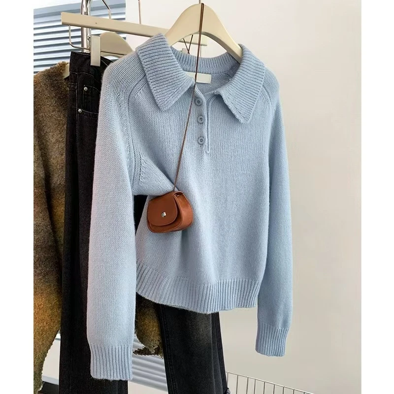 NUMEN BUTTON/灵扣蓝色polo领套头针织衫女秋冬小个子软糯上衣