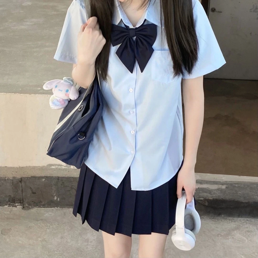 2023新款小个子蓝色短袖衬衣百褶裙套装女学院风JK制服两件套上衣