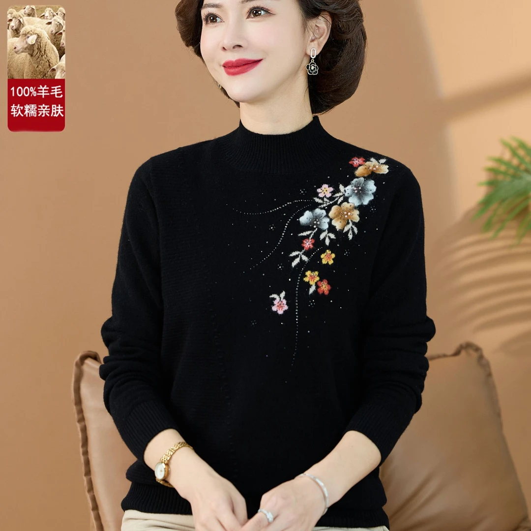 中老年毛衣洋气100%纯羊毛衫女秋冬季妈妈装半高领加厚针织打底衫