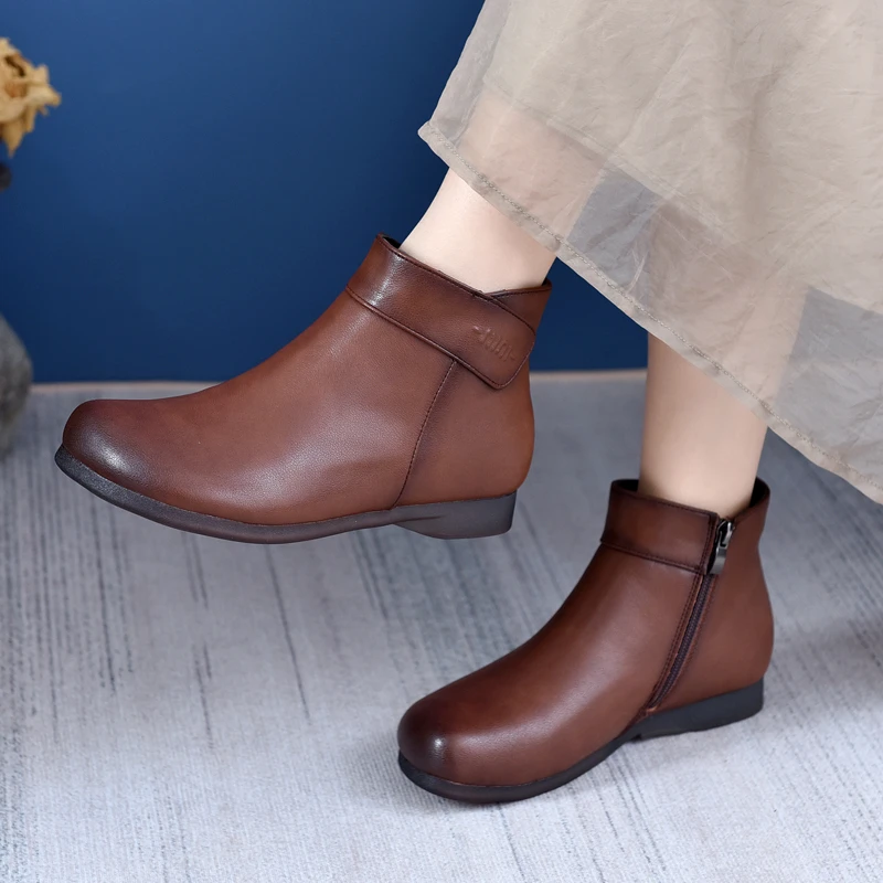 牛皮真皮短靴24秋冬新款高腰妈妈鞋软底软面加绒女靴百搭鞋2318