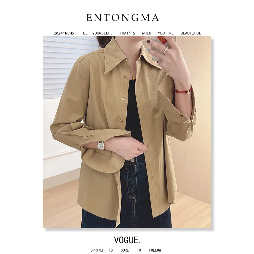 ENMA卡其色长袖衬衫外套时尚百搭休闲
