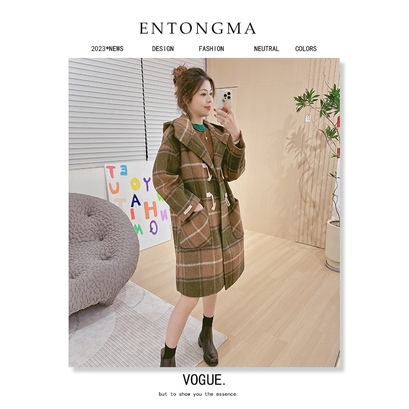 ENMA气质中长款格子秋冬羊绒外套韩版