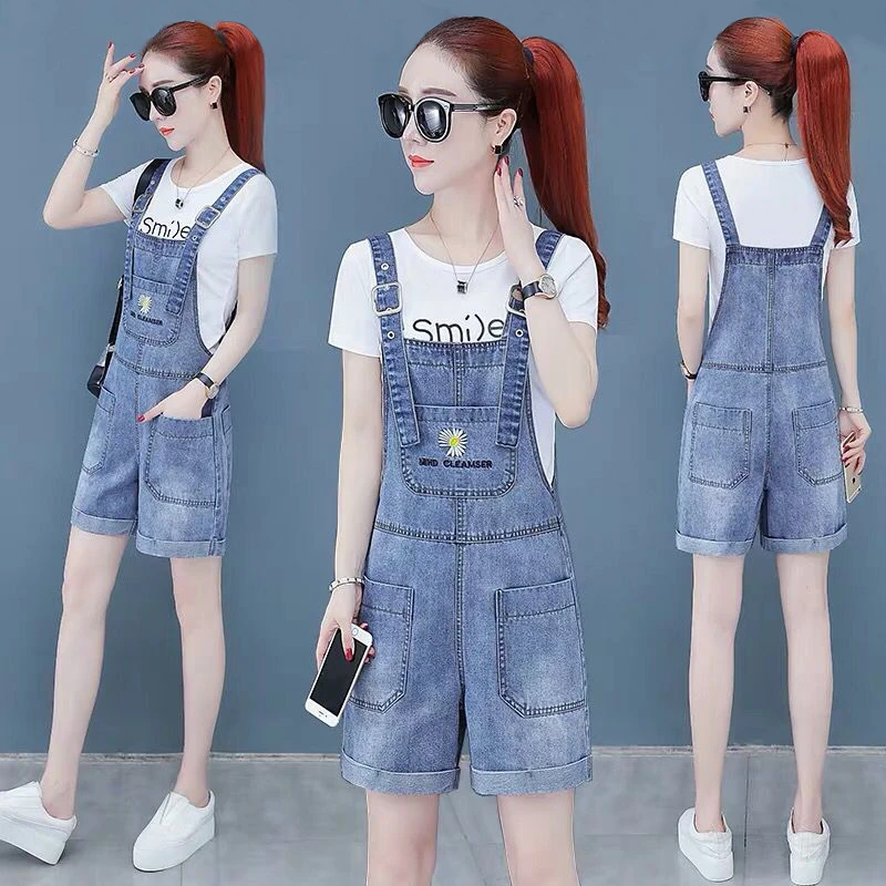 牛仔背带裤显瘦小个子洋气时尚休闲夏季减龄连体阔腿短裤牛仔裤子
