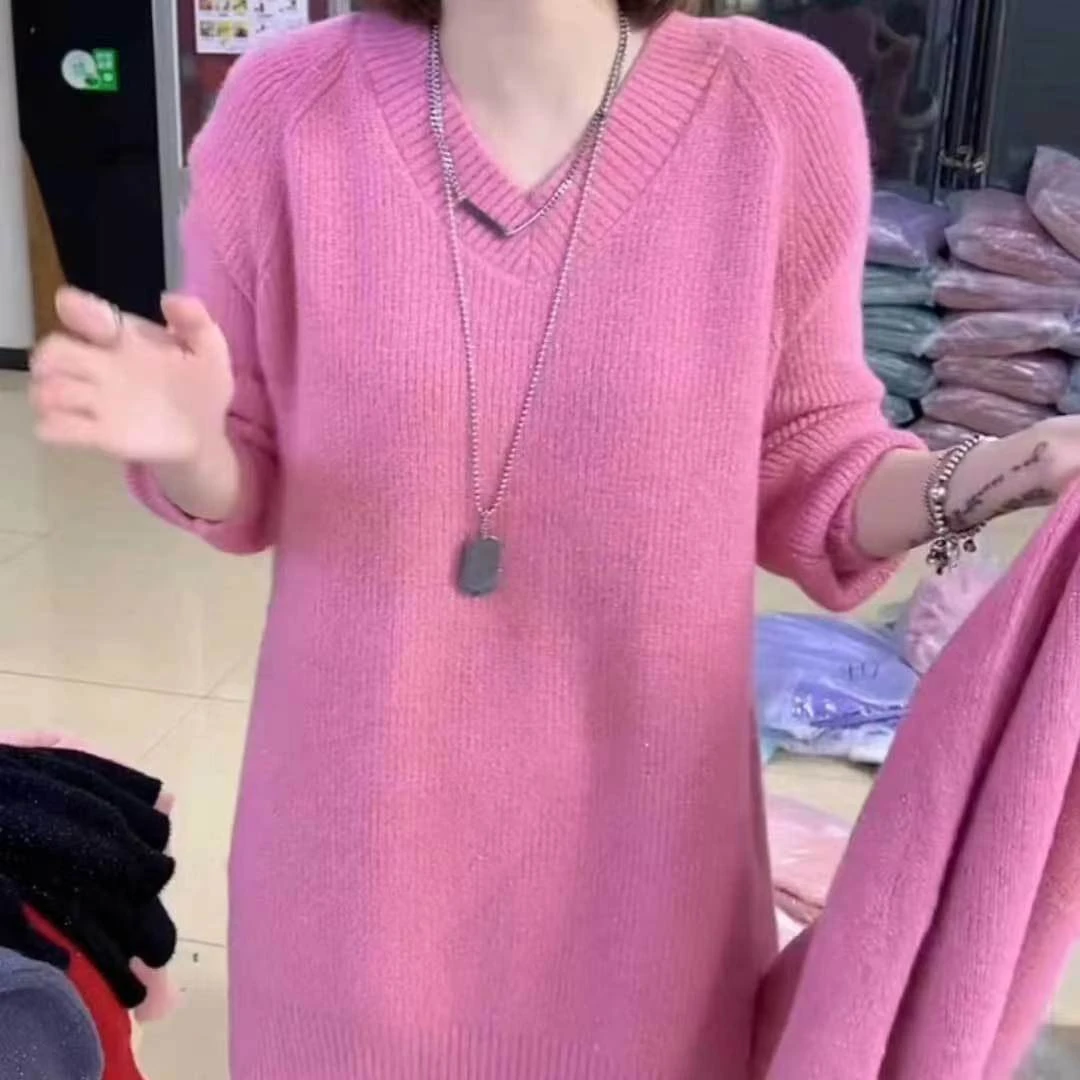 中长款毛衣女秋冬加厚仿水貂绒打底衫宽松V领显瘦亮丝上衣网红