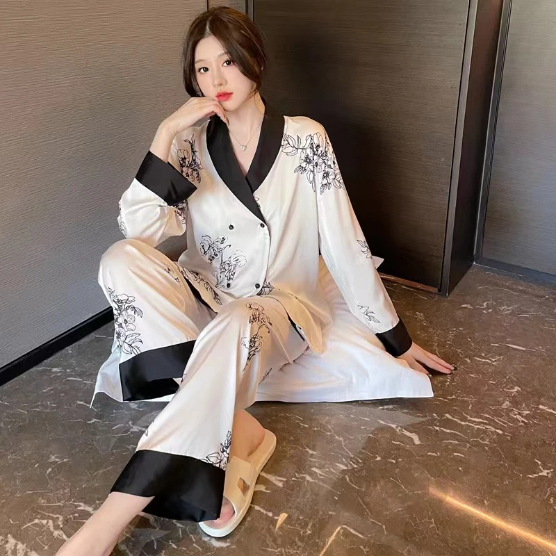 睡衣印花秋季轻奢薄款家居服套装春秋长袖
