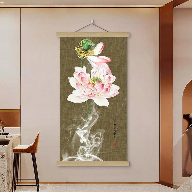 新中式荷花入户玄关装饰画走廊过道遮丑挂布背景墙挂轴墙壁免打孔