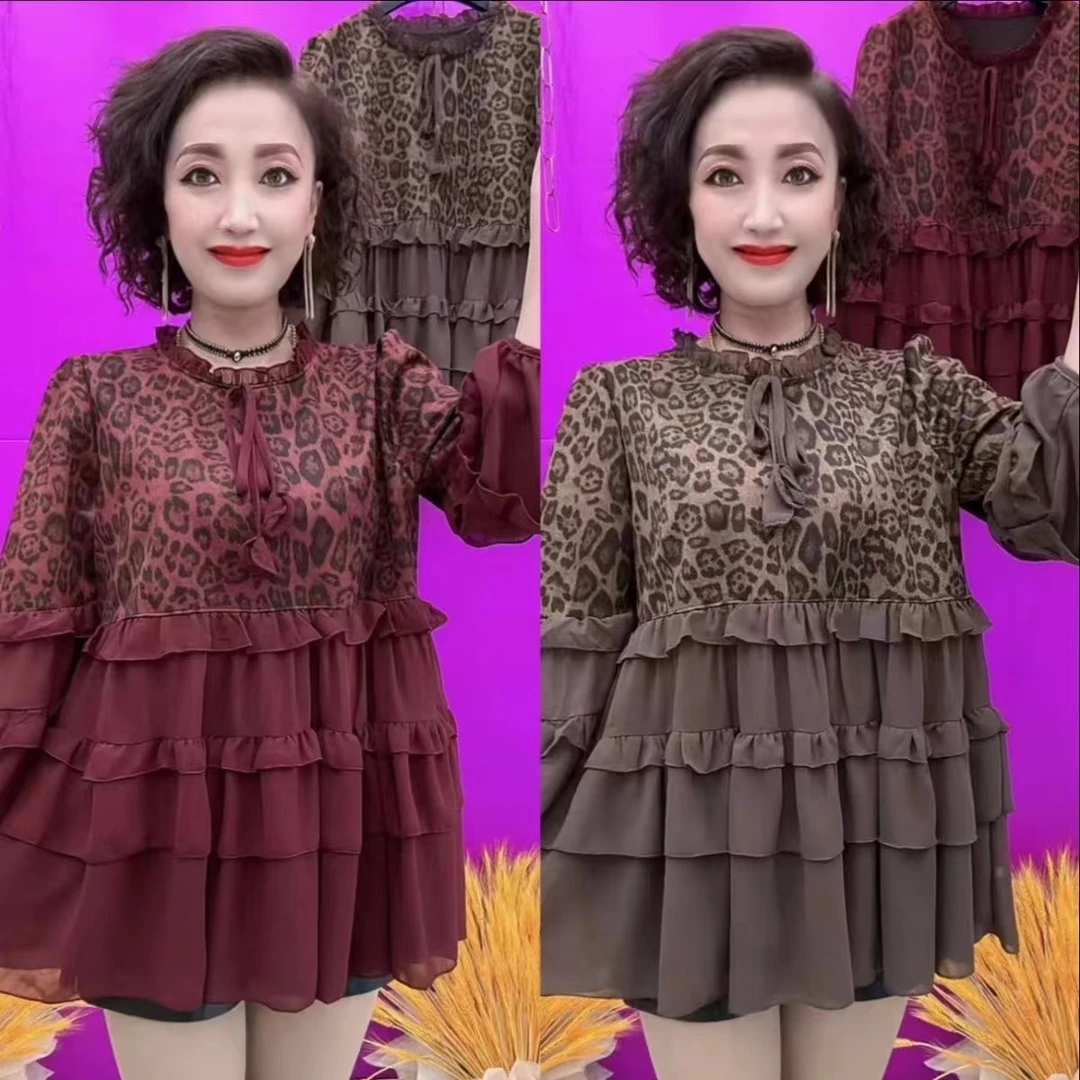 新款洋气时尚雪纺拼接连衣裙减龄豹纹气质宽松遮肉显瘦上衣