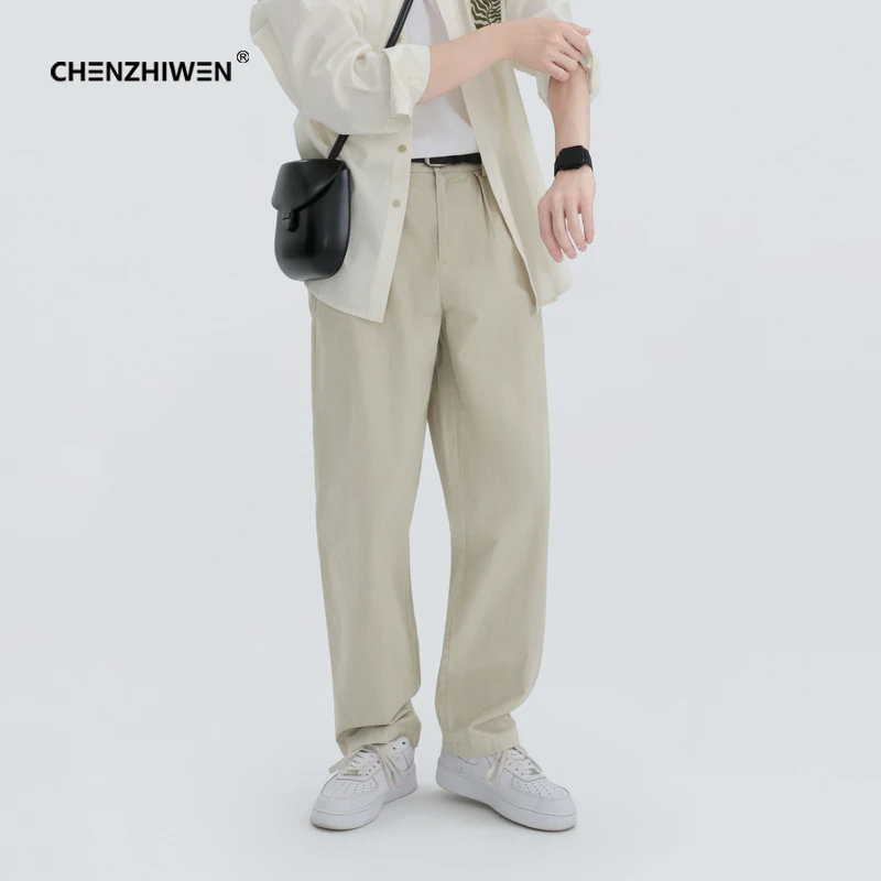 陈智文秋季新款水洗棉松紧腰卡其色休闲宽松舒适百搭直筒长裤子男