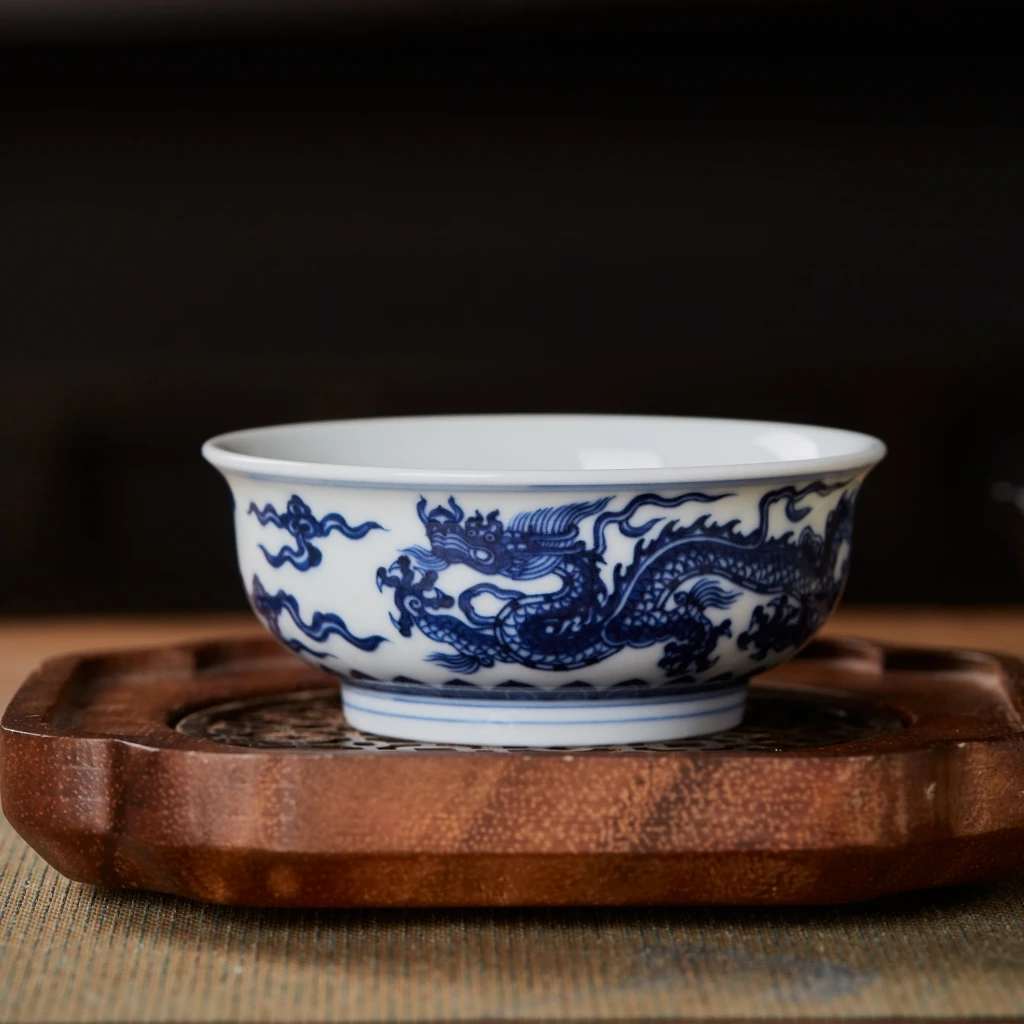 毛仔柴窑青花祥云龙纹普洱杯景德镇柴窑烧制高端茶杯茶具品茗杯