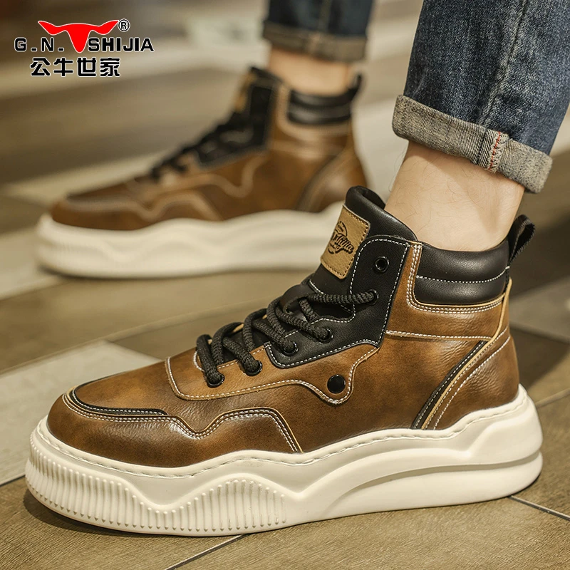 公牛世家新款冬季男士时尚潮流百搭英伦商务厚底机车风工装马丁靴