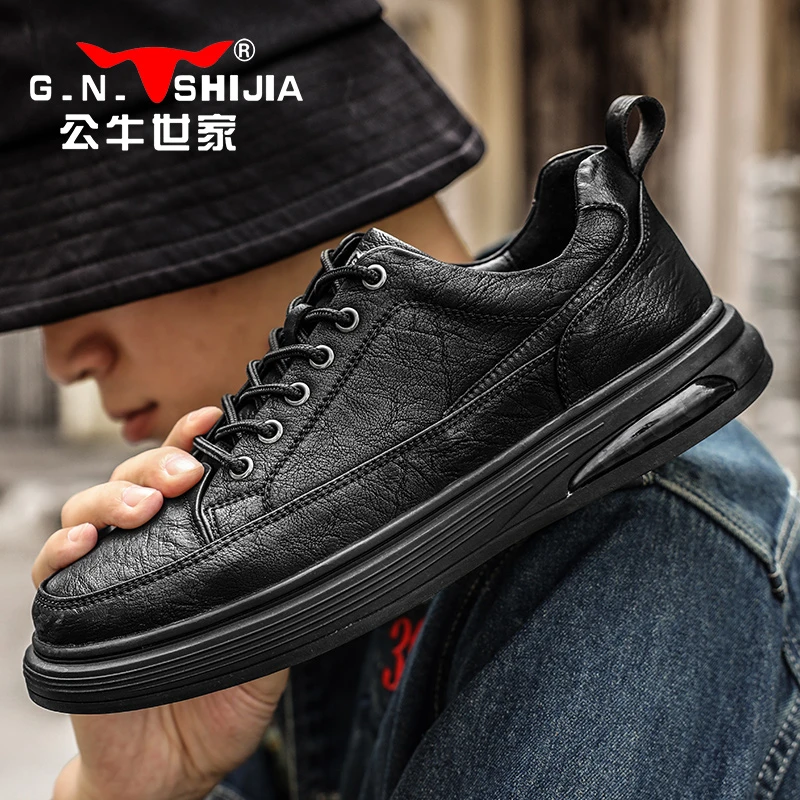 G.N.Shi Jia/公牛世家春季男士百搭皮鞋潮流平跟工作板鞋黑色