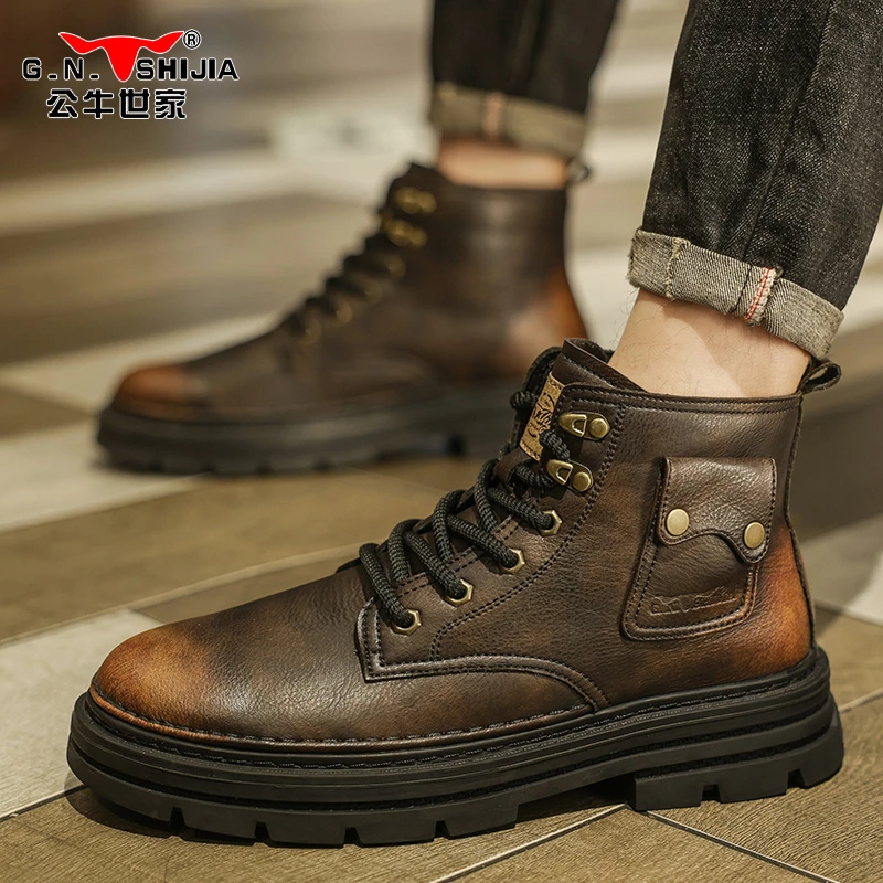 公牛世家冬季新款男士时尚百搭英伦风复古登山运动休闲工装马丁靴