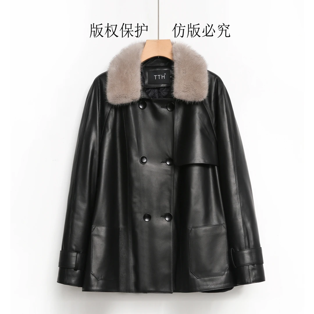 TTH海宁新款真皮绵羊皮皮衣女水貂毛时尚短款可脱卸鹅绒外套6193