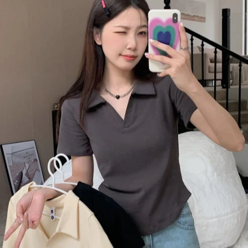 正肩polo衫短袖T恤女夏季大码胖m宽松设计感小众洋气短款遮肉上衣