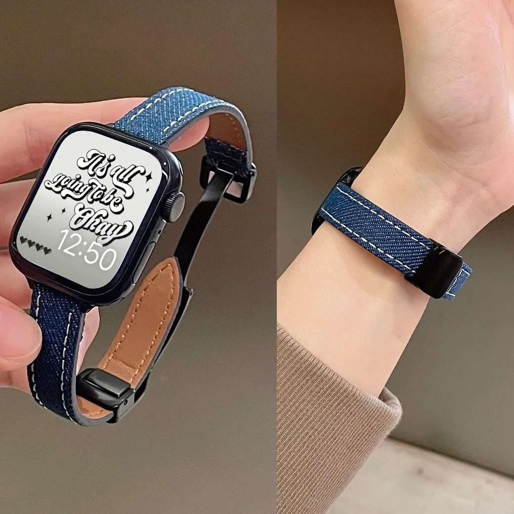 适用iwatchS8/7代手表带女新款applewatch56SE磁吸牛仔布高级表带