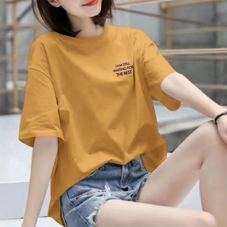 100%纯棉t恤女短袖夏季新款宽松韩版上衣简约印花百搭体恤ins潮流