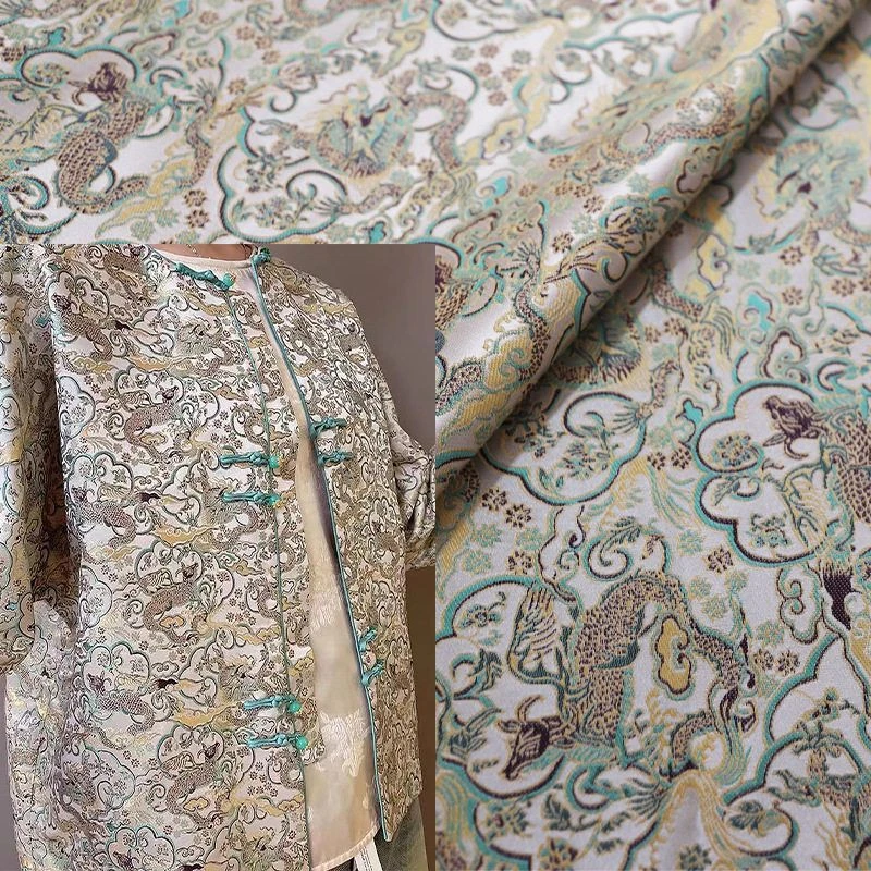 《FS031牛首龙纹》仿宋锦上衣马甲国风面料高精提花锦缎服装布料