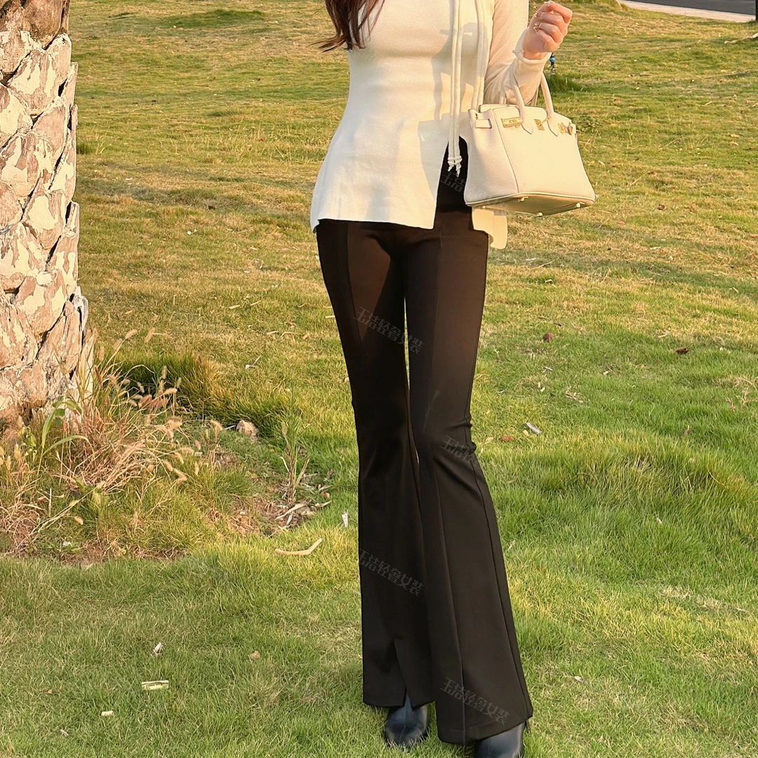 【微喇裤】秋季新款黑色修身开叉西装裤高腰显瘦紧身喇叭拖地裤1876