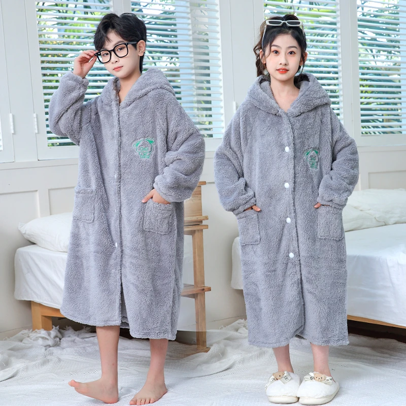 儿童睡袍加厚长毛绒睡女童男童大码情侣保暖中长款加绒冬天季浴袍
