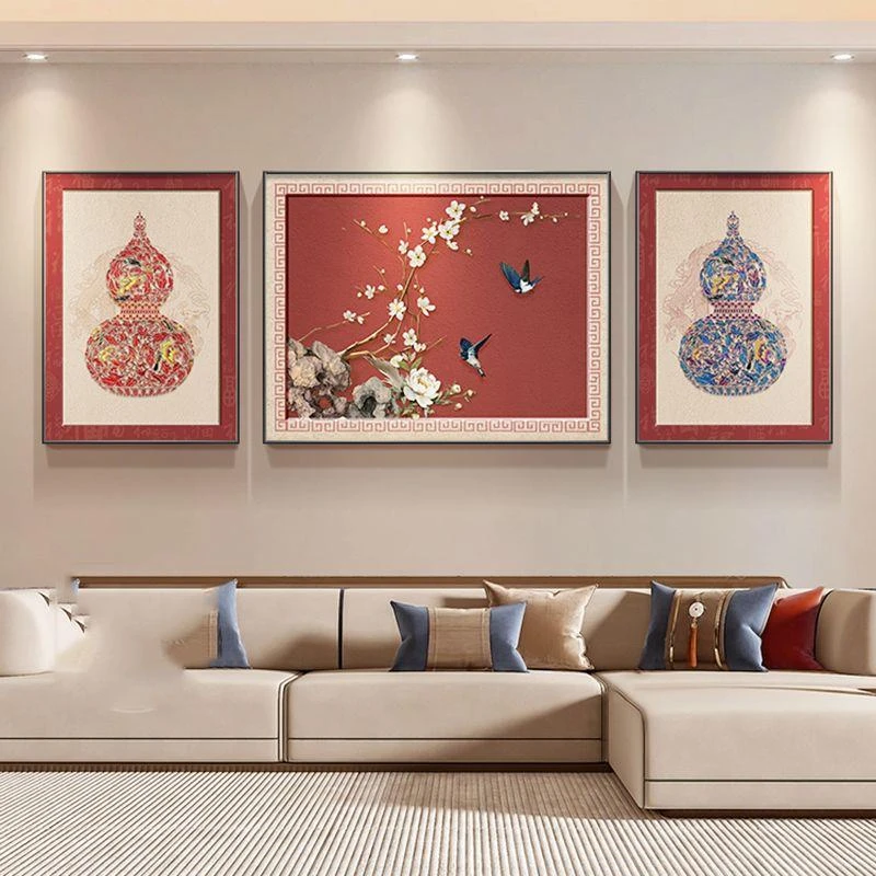 新中式客厅装饰画中国风花鸟沙发背景墙挂画大气高档葫芦三联壁画