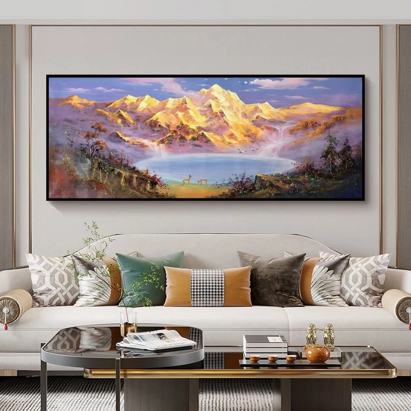 日照金山挂画新中式聚宝盆山水风景客厅办公室挂画靠山装饰画
