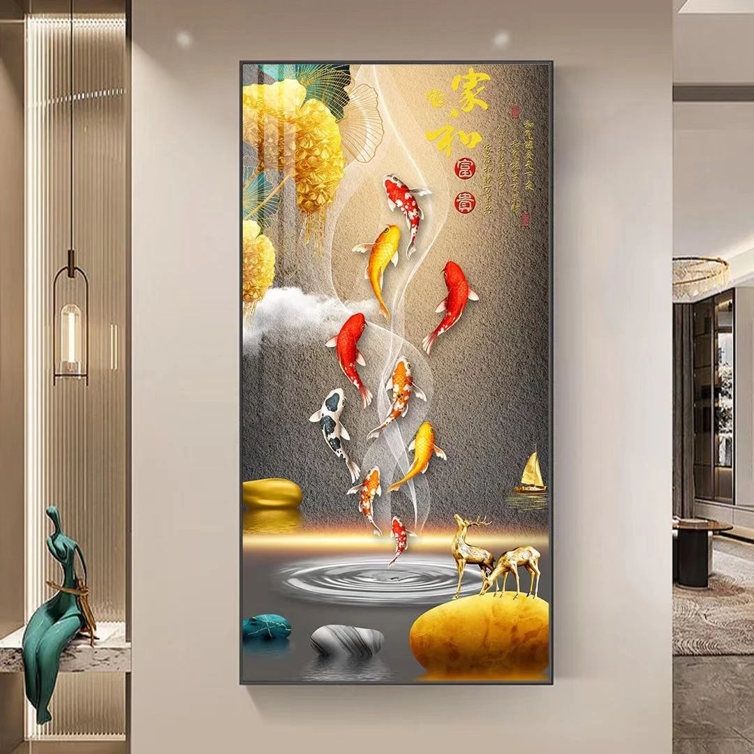 竖版入户九鱼聚财玄关装饰画高档晶瓷镶钻挂画式过厅墙画