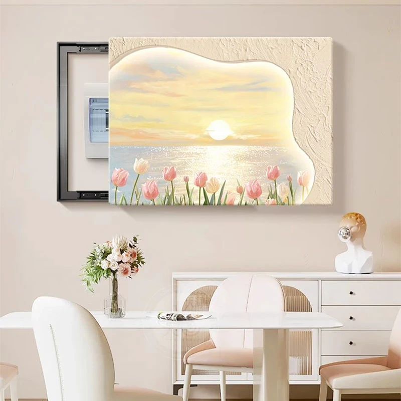 奶油风花卉超薄电表箱装饰画推拉遮挡弱电箱盖板挂画配电遮丑神器