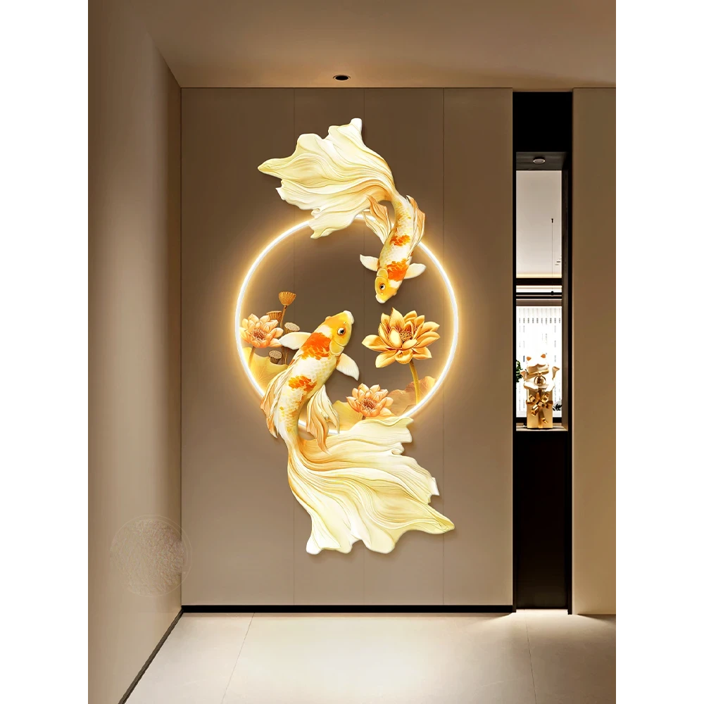 现代轻奢玄关装饰画招财锦鲤发光挂画壁饰新中式荷花走廊过道壁画