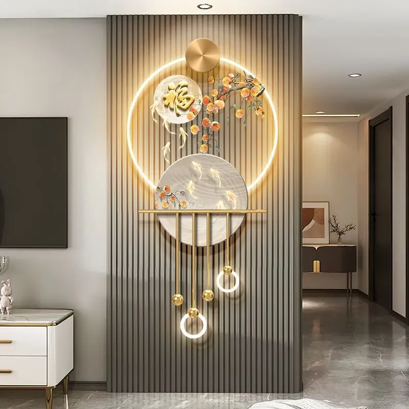 柿柿如意客厅格栅装饰挂件画九鱼图电视背景墙壁灯画福字玄关挂画